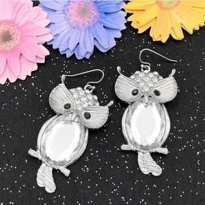 🌼 Large Bling Owl Silver Dangle Earrings